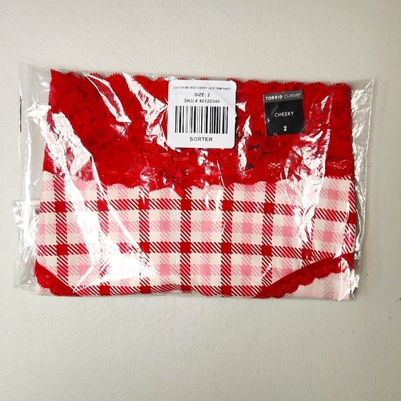 ♥️NWT VINTAGE TORRID RASPBERRY GINGHAM COTTON MID-RISE CHEEKY LACE TRIM PANTY - Picture 4 of 12